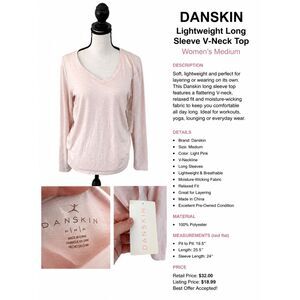 Danskin Women's Lightweight Long Sleeve V-Neck Active Top | Light Pink | Medium